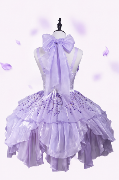 [Pre-order Deadline: June 18] Wisteria Purple Gradient Fairy Lolita Bow Layered JSK Dress + Full Set (Dress + Flower Hat)