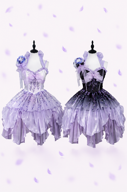 [Pre-order Deadline: June 18] Wisteria Purple Gradient Fairy Lolita Bow Layered JSK Dress + Full Set (Dress + Flower Hat)