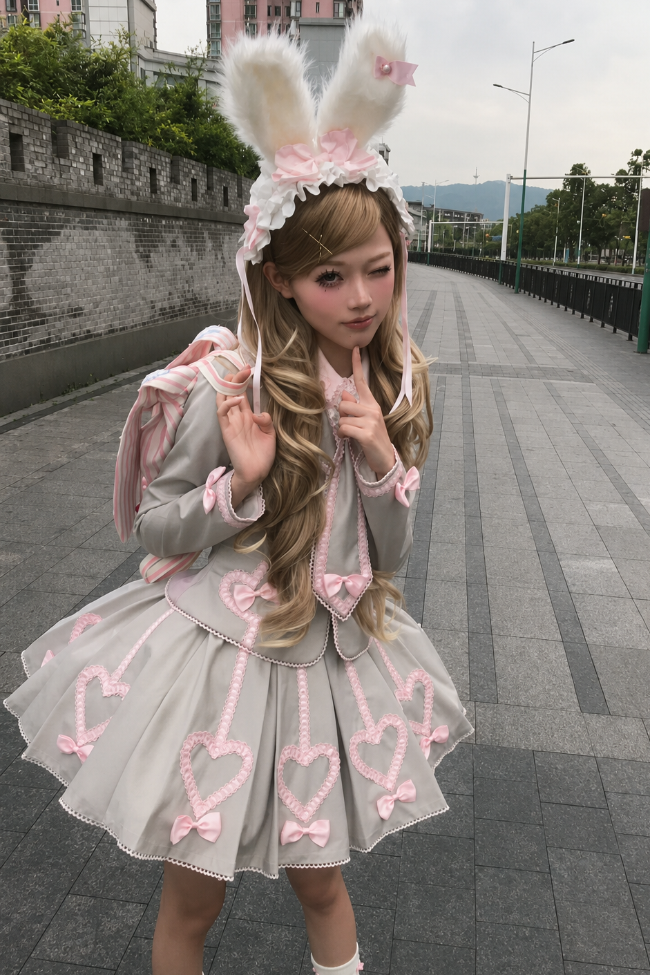 [Pre-order Deadline: June 28] Pink/Gray Vintage Lolita Heart Ribbon Tailored Jacket + Skirt + Tie