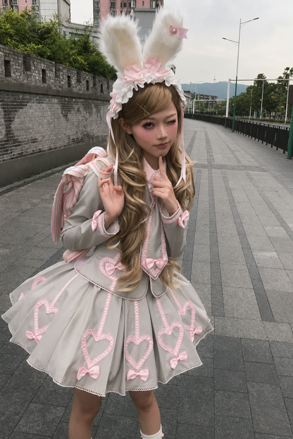 [Pre-order Deadline: June 28] Pink/Gray Vintage Lolita Heart Ribbon Tailored Jacket + Skirt + Tie
