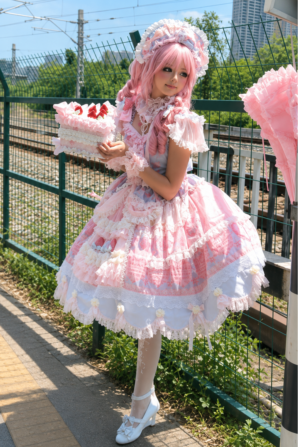 [Reservierungsschluss 26. Juni] Erdbeer-Sweet-Lolita-JKS-Kleid mit Spitze, Flatterärmeln, hochgezogenem Design und Tülllagen