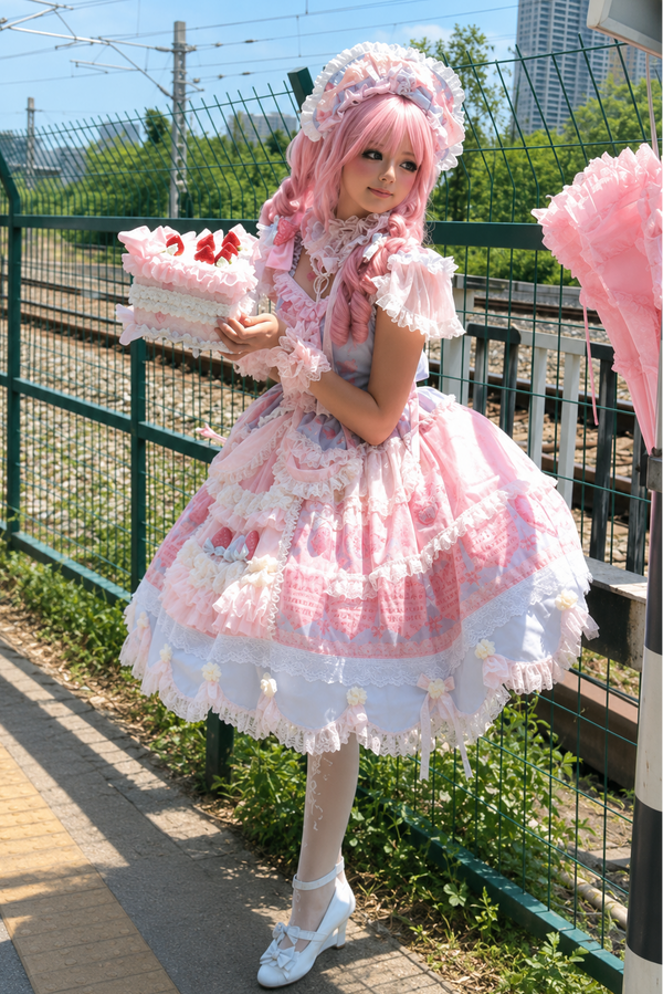 [Pre-order Deadline: June 26] Strawberry Sweet Lolita Lace Flutter Sleeve Pull-Up Tulle Layered JKS Dress