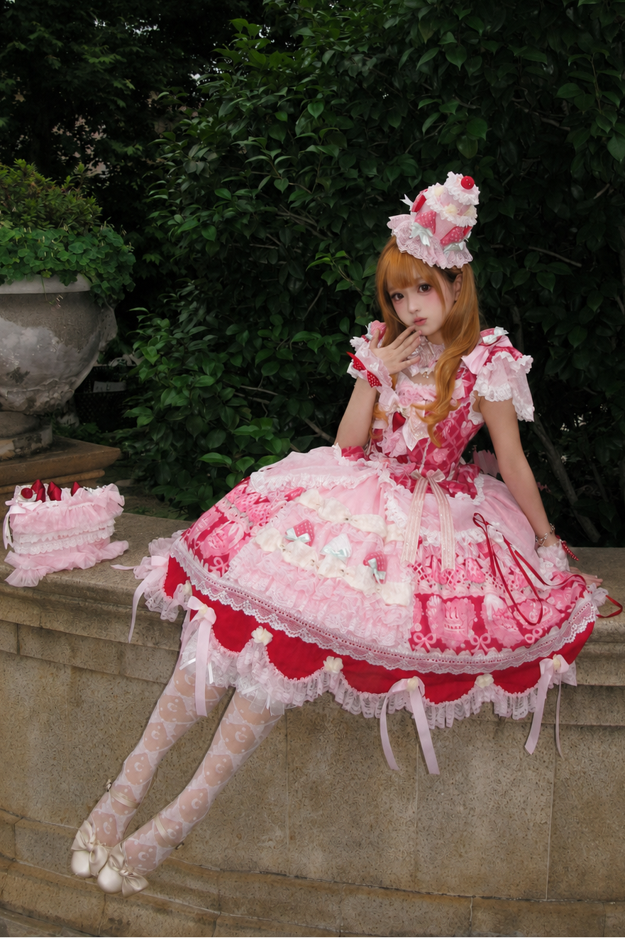 [Reservierungsschluss 26. Juni] Erdbeer-Sweet-Lolita-JKS-Kleid mit Spitze, Flatterärmeln, hochgezogenem Design und Tülllagen
