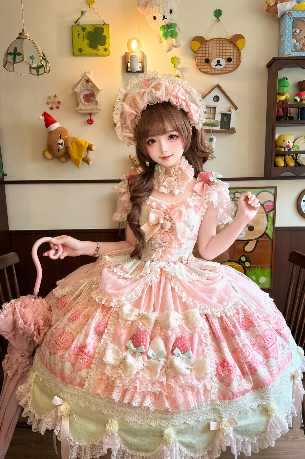 [Reservierungsschluss 26. Juni] Erdbeer-Sweet-Lolita-JKS-Kleid mit Spitze, Flatterärmeln, hochgezogenem Design und Tülllagen