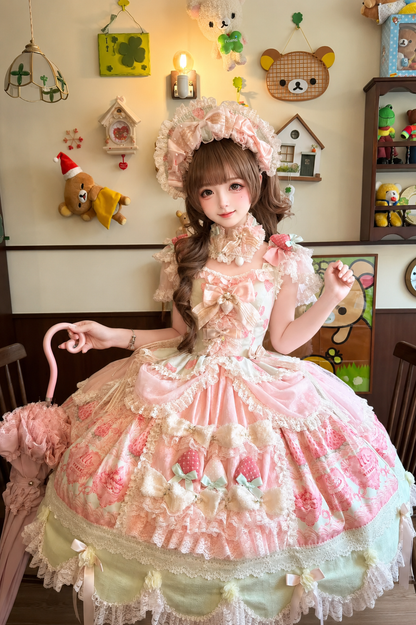 [Reservierungsschluss 26. Juni] Erdbeer-Sweet-Lolita-JKS-Kleid mit Spitze, Flatterärmeln, hochgezogenem Design und Tülllagen