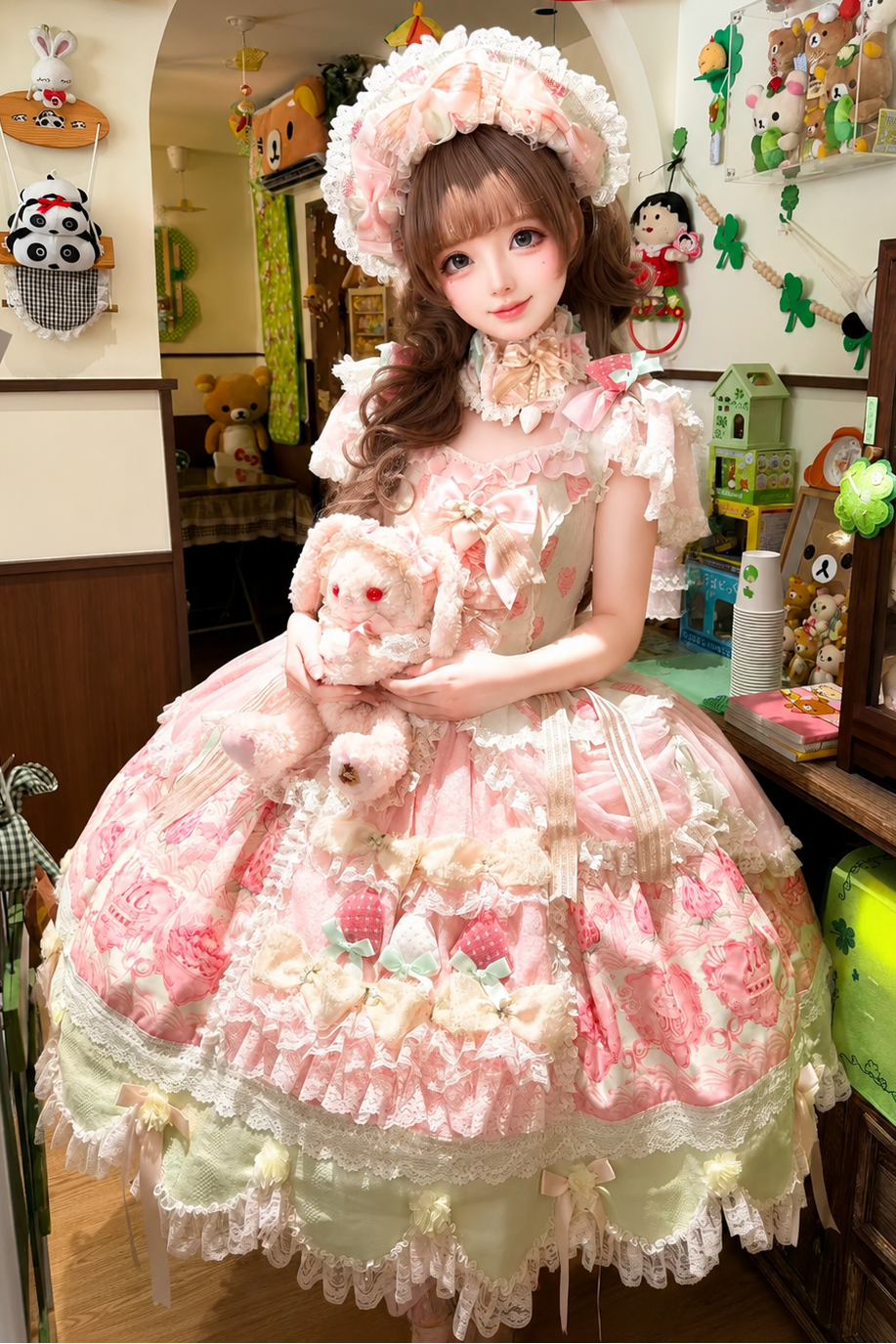 [Reservierungsschluss 26. Juni] Erdbeer-Sweet-Lolita-JKS-Kleid mit Spitze, Flatterärmeln, hochgezogenem Design und Tülllagen