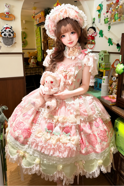 [Reservierungsschluss 26. Juni] Erdbeer-Sweet-Lolita-JKS-Kleid mit Spitze, Flatterärmeln, hochgezogenem Design und Tülllagen