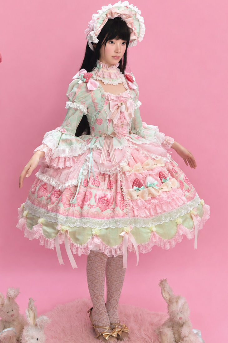[Cierre de reserva: 26 de junio] Vestido OP lolita dulce Strawberry Angel de tul superpuesto con tirantes ajustables (con mangas acampanadas)