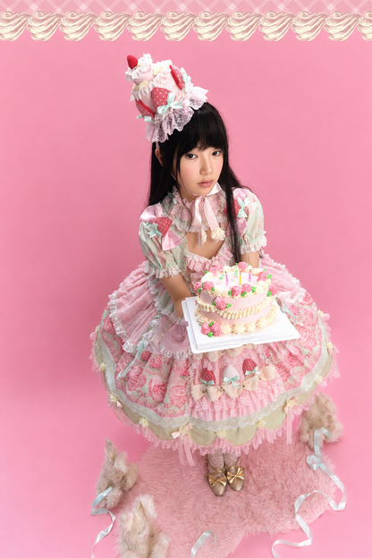 [Cierre de reserva: 26 de junio] Vestido OP lolita dulce Strawberry Angel de tul superpuesto con tirantes ajustables (con mangas acampanadas)