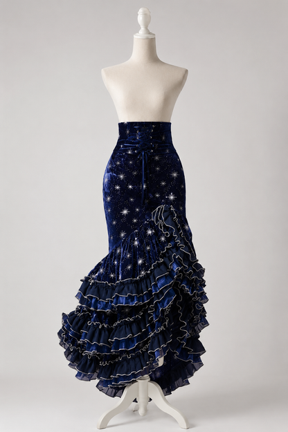 [Reservierungsschluss 1. Juni] Dunkelblau/rosa Atlantis Dark-Fantasy-Lolita-Sternenperlen-Bustierkorsett + prächtiger Rüschen-Meerjungfrauenrock