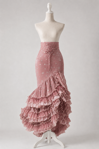 [Reservierungsschluss 1. Juni] Dunkelblau/rosa Atlantis Dark-Fantasy-Lolita-Sternenperlen-Bustierkorsett + prächtiger Rüschen-Meerjungfrauenrock