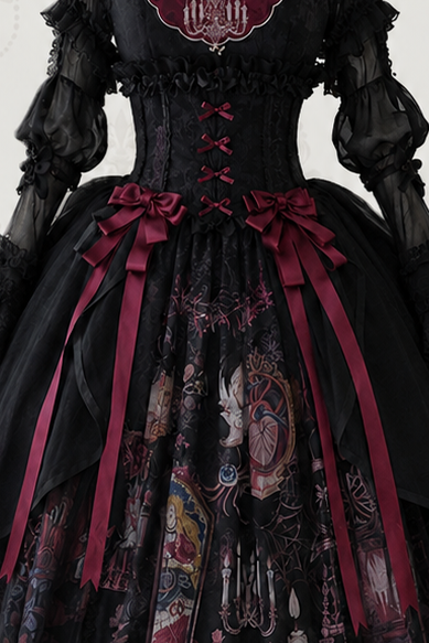 【7月26日予約締切】眠れる森の美女ブラック/シルバークラシカルゴシックロリータプリントJSKドレス＋コルセットベルト＋レイヤードチュールオーバースカート