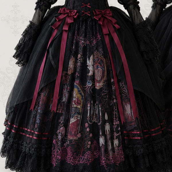 【7月26日予約締切】眠れる森の美女ブラック/シルバークラシカルゴシックロリータプリントJSKドレス＋コルセットベルト＋レイヤードチュールオーバースカート