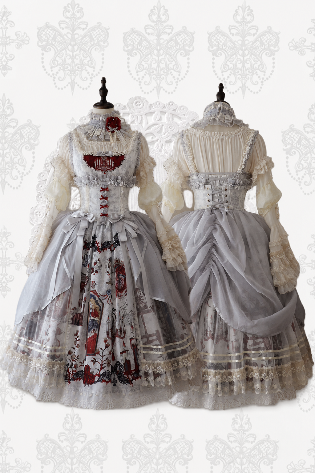 【7月26日予約締切】眠れる森の美女ブラック/シルバークラシカルゴシックロリータプリントJSKドレス＋コルセットベルト＋レイヤードチュールオーバースカート