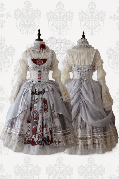 【7月26日予約締切】眠れる森の美女ブラック/シルバークラシカルゴシックロリータプリントJSKドレス＋コルセットベルト＋レイヤードチュールオーバースカート