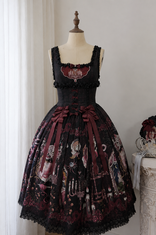 【7月26日予約締切】眠れる森の美女ブラック/シルバークラシカルゴシックロリータプリントJSKドレス＋コルセットベルト＋レイヤードチュールオーバースカート
