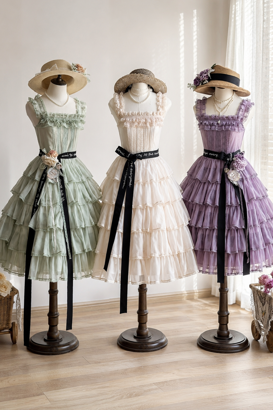 [Pre-order Deadline: July 31] Romantic Sweet Lolita Square-Neck Tiered JKS Ribbon Dress