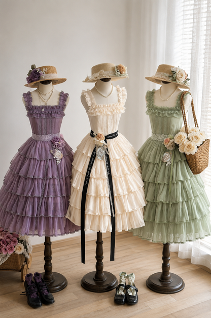 [Pre-order Deadline: July 31] Romantic Sweet Lolita Square-Neck Tiered JKS Ribbon Dress