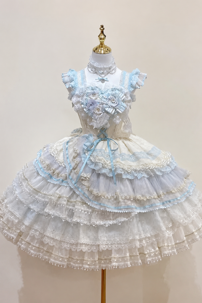 [Reservierungsschluss 1. August] Blau-weißes Sweet-Lolita-Stufenkleid-Set mit Blumenmuster