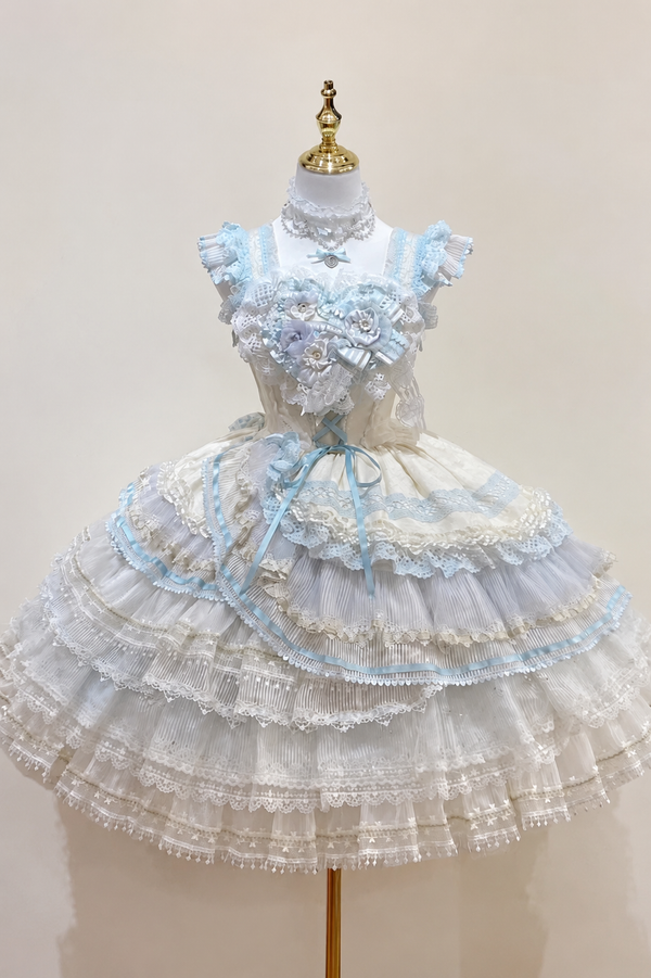 【8月1日予約締切】ブルー×ホワイトスイートロリータフローラルティアードドレスセット