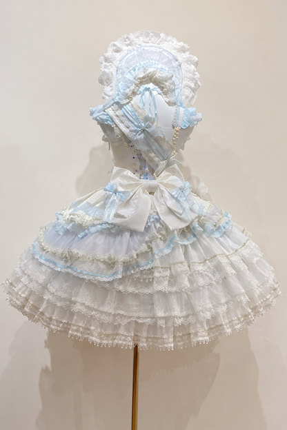 [Scadenza prenotazione 1 agosto] Accessori della serie floreale sweet lolita blu x bianco (bonnet + velo cerchietto per capelli + velo nastro a fusciacca polsini da polso fiocco posteriore accessorio a cerchio floreale)