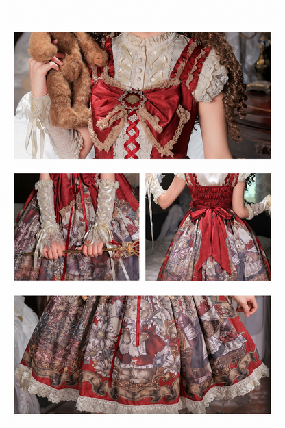 [Date limite de précommande : 7 août] Ensemble complet robe JKS vintage rouge à imprimé lapin histoire avec ruban antique + chemise à volants + manchettes lacées