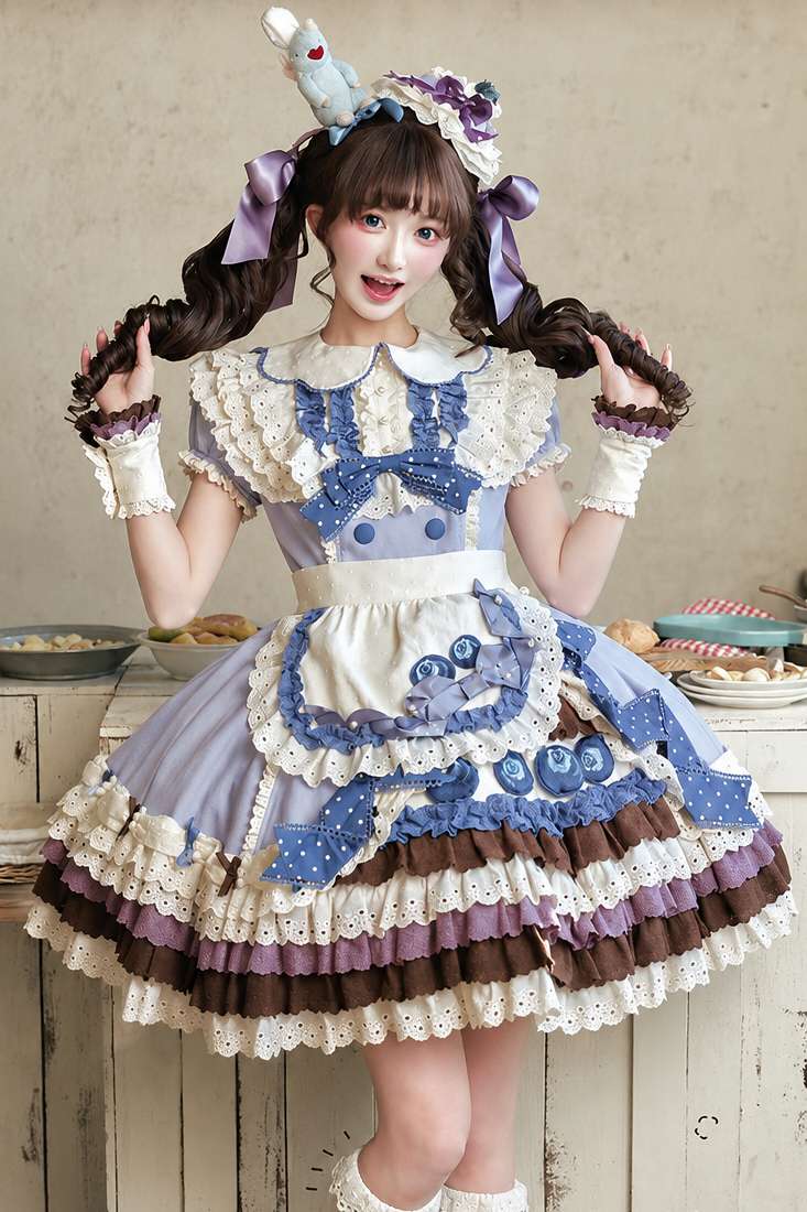 【8月8日予約締切】ブルーベリーカフェロリータOPドレス（ショート・ロング）＋エプロン＋ケーキミニハット