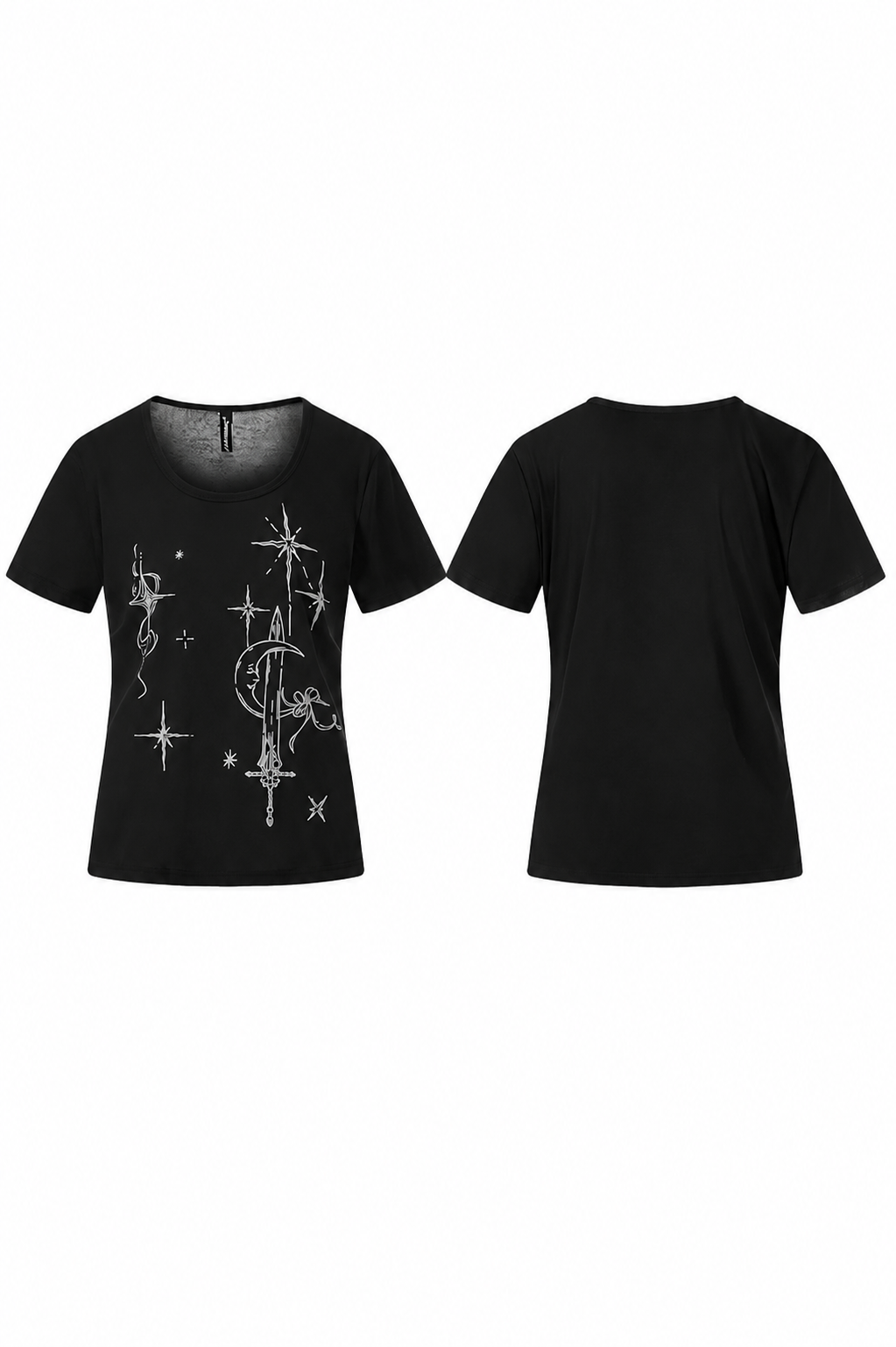 ブラック/ホワイトムーンソードグラフィックオフショルダーTシャツ
