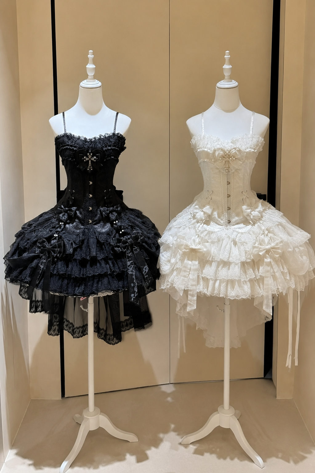 【8月12日予約締切】ブラック／ホワイトダークエンジェルゴシックロリータコルセットティアードサスドレス＋バックリボントレーンセット