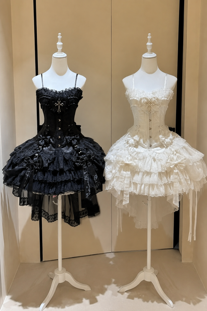 【8月12日予約締切】ブラック／ホワイトダークエンジェルゴシックロリータコルセットティアードサスドレス＋バックリボントレーンセット