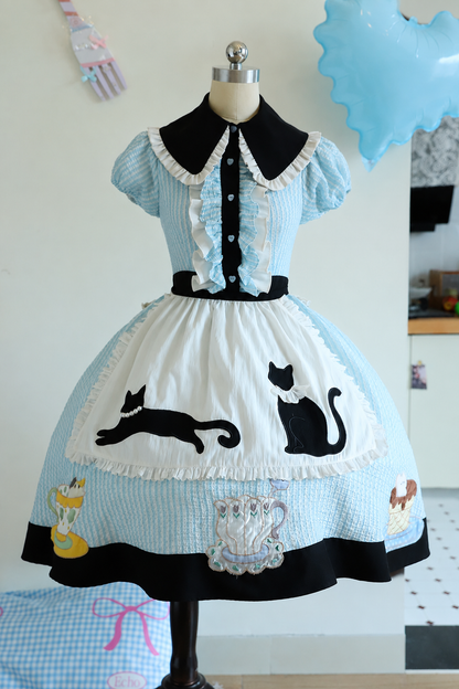 【8月18日予約締切】アリスブルーストライプ猫カフェテイストメイドロリータドレス（エプロン付き）＋コンプリートセット