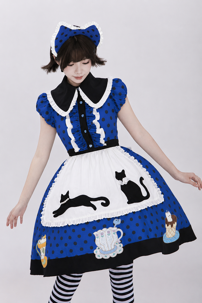 【8月18日予約締切】アリスブルーストライプ/ダークブルー×ブラックドット猫カフェテイストメイドロリータシリーズアクセサリー（猫耳ボンネット・グローブ・エプロン）
