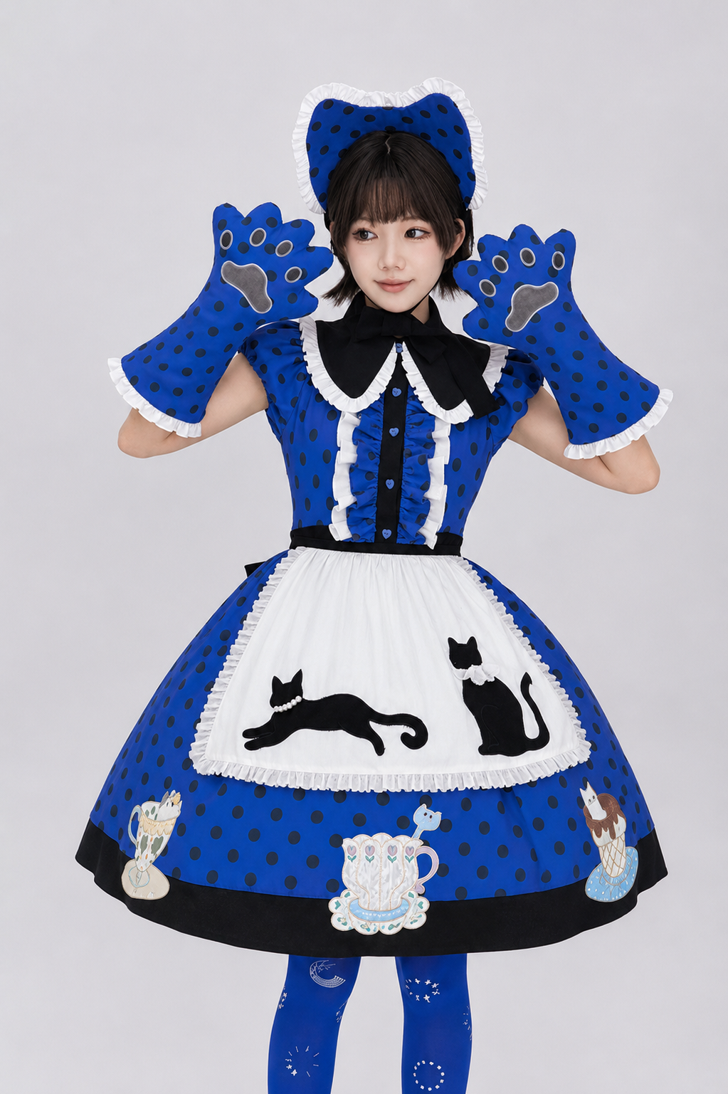 【8月18日予約締切】アリスブルーストライプ/ダークブルー×ブラックドット猫カフェテイストメイドロリータシリーズアクセサリー（猫耳ボンネット・グローブ・エプロン）