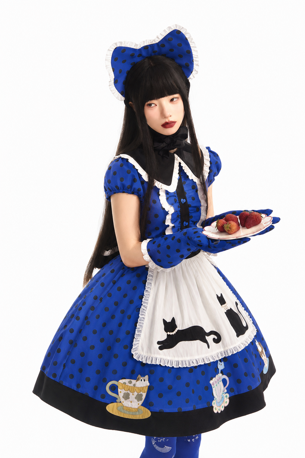 【8月18日予約締切】アリスブルーストライプ/ダークブルー×ブラックドット猫カフェテイストメイドロリータシリーズアクセサリー（猫耳ボンネット・グローブ・エプロン）