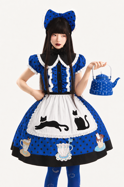 【8月18日予約締切】アリスブルーストライプ/ダークブルー×ブラックドット猫カフェテイストメイドロリータシリーズアクセサリー（猫耳ボンネット・グローブ・エプロン）