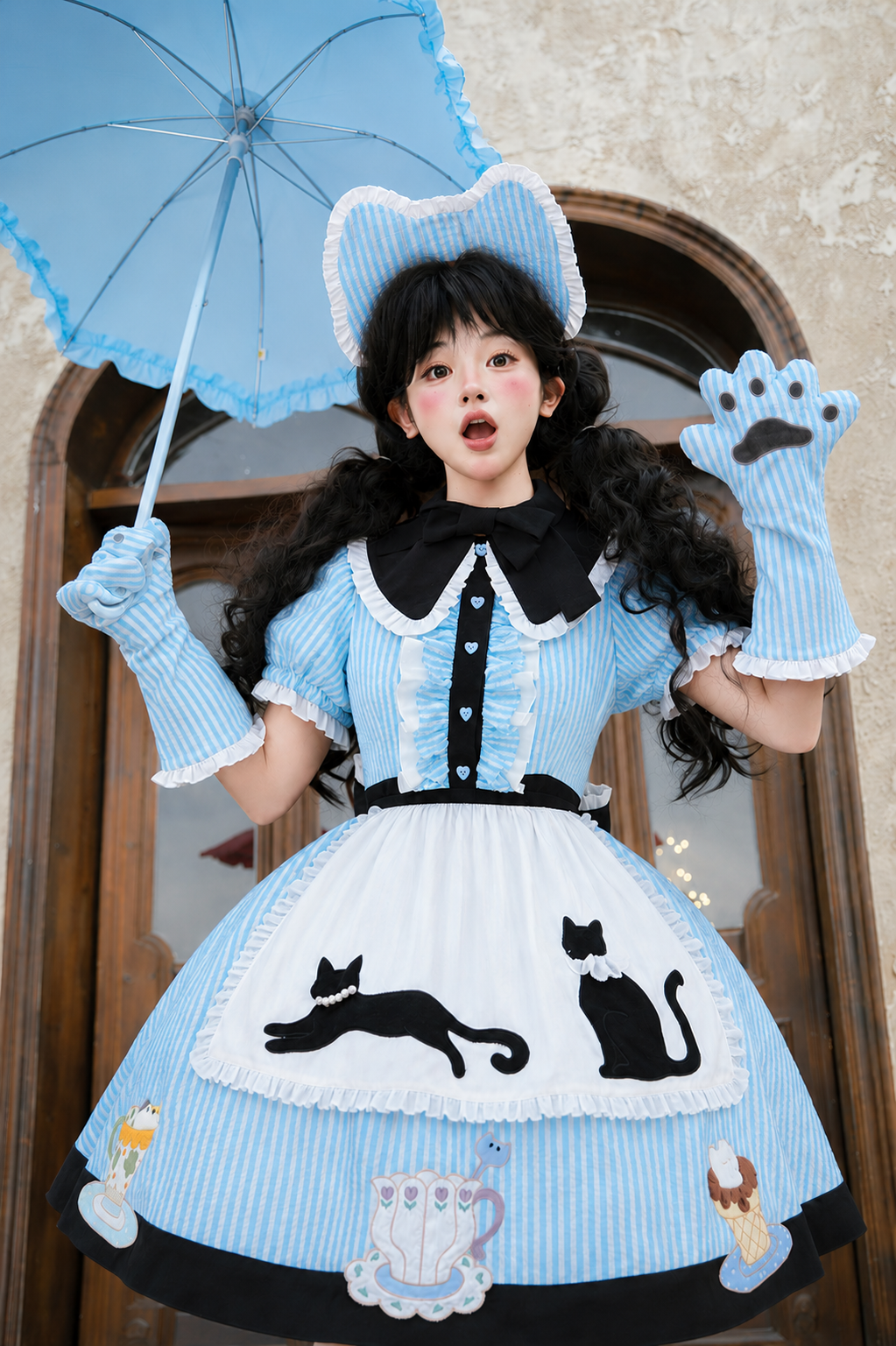 【8月18日予約締切】アリスブルーストライプ猫カフェテイストメイドロリータドレス（エプロン付き）＋コンプリートセット