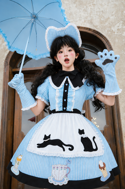 【8月18日予約締切】アリスブルーストライプ猫カフェテイストメイドロリータドレス（エプロン付き）＋コンプリートセット