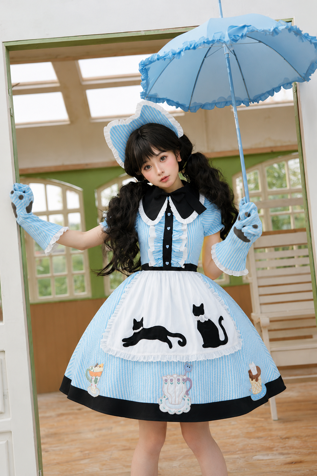 【8月18日予約締切】アリスブルーストライプ猫カフェテイストメイドロリータドレス（エプロン付き）＋コンプリートセット