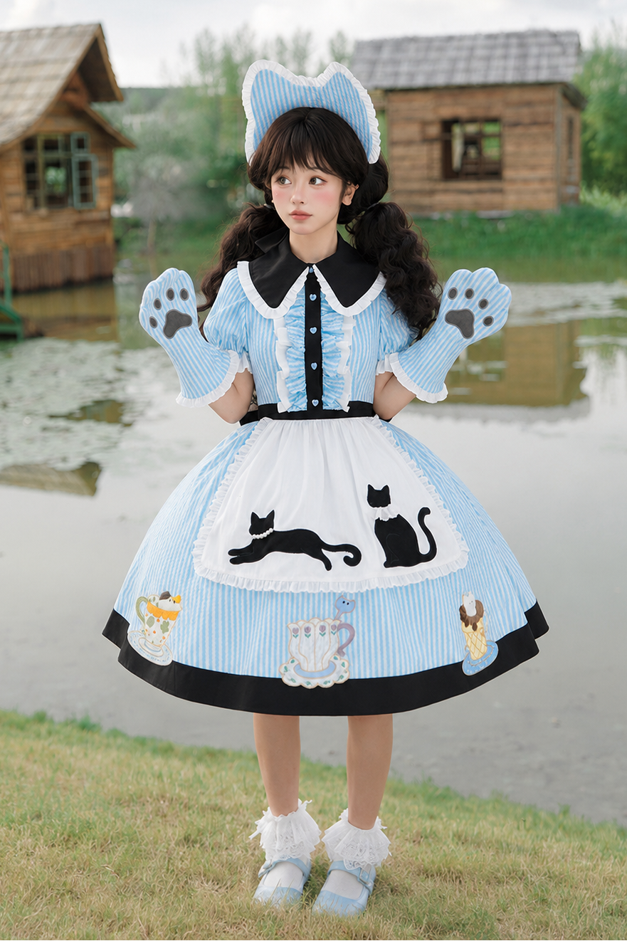 【8月18日予約締切】アリスブルーストライプ/ダークブルー×ブラックドット猫カフェテイストメイドロリータシリーズアクセサリー（猫耳ボンネット・グローブ・エプロン）