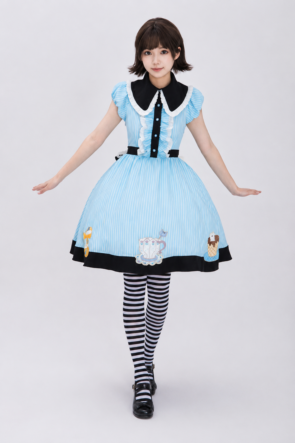 【8月18日予約締切】アリスブルーストライプ猫カフェテイストメイドロリータドレス（エプロン付き）＋コンプリートセット