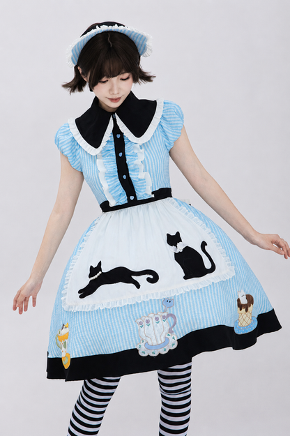 【8月18日予約締切】アリスブルーストライプ/ダークブルー×ブラックドット猫カフェテイストメイドロリータシリーズアクセサリー（猫耳ボンネット・グローブ・エプロン）
