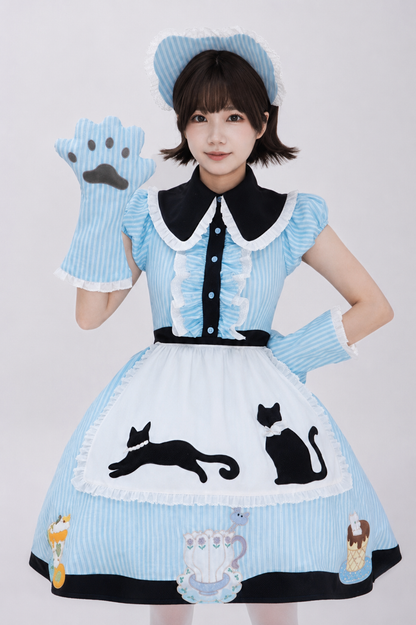 【8月18日予約締切】アリスブルーストライプ/ダークブルー×ブラックドット猫カフェテイストメイドロリータシリーズアクセサリー（猫耳ボンネット・グローブ・エプロン）