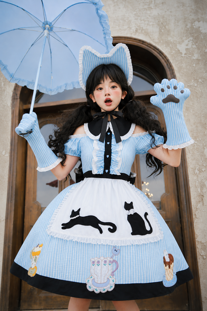 【8月18日予約締切】アリスブルーストライプ/ダークブルー×ブラックドット猫カフェテイストメイドロリータシリーズアクセサリー（猫耳ボンネット・グローブ・エプロン）