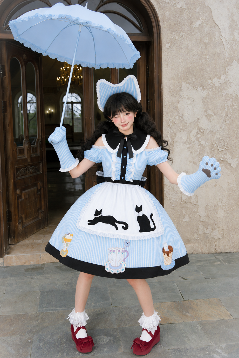 【8月18日予約締切】アリスブルーストライプ/ダークブルー×ブラックドット猫カフェテイストメイドロリータシリーズアクセサリー（猫耳ボンネット・グローブ・エプロン）