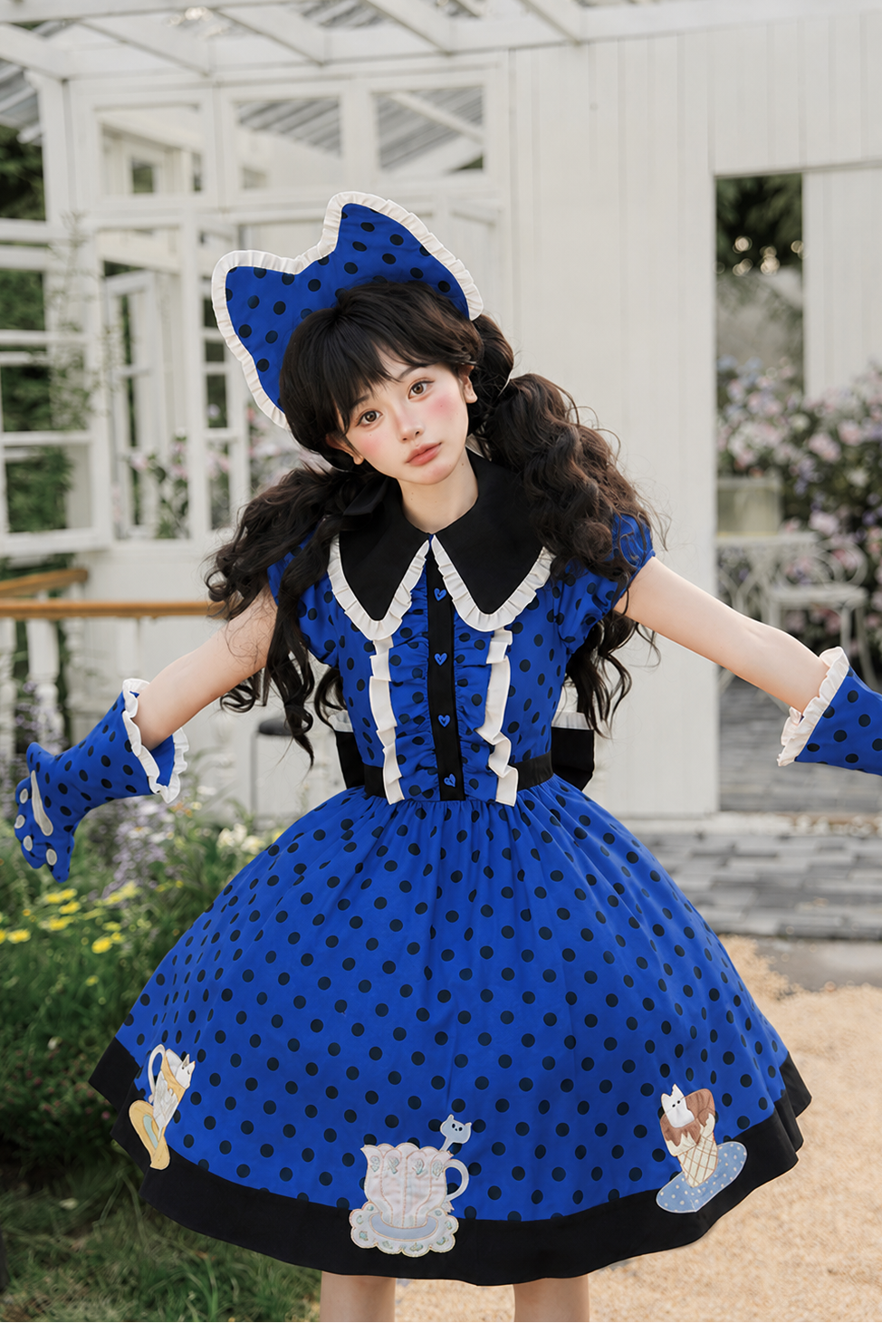 【8月18日予約締切】アリスブルーストライプ/ダークブルー×ブラックドット猫カフェテイストメイドロリータシリーズアクセサリー（猫耳ボンネット・グローブ・エプロン）