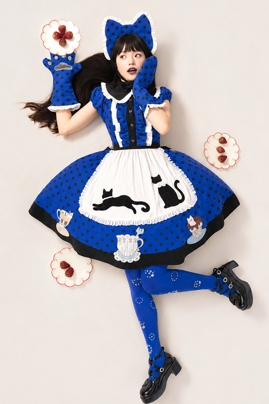 【8月18日予約締切】ダークブルー×ブラックドット猫カフェテイストメイドロリータドレス（エプロン付き）＋コンプリートセット