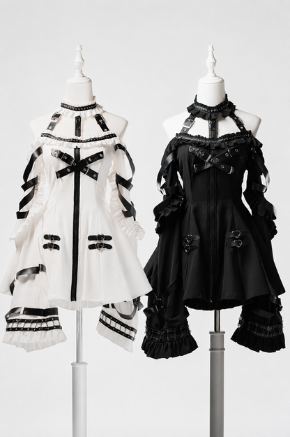 【8月22日予約締切】ゴシックバックルホルターアンドオフショルダーベルロングスリーブドレスセット＋ヘアバンド