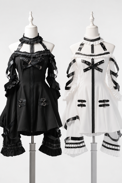 【8月22日予約締切】ゴシックバックルホルターアンドオフショルダーベルロングスリーブドレスセット＋ヘアバンド