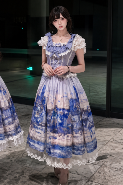 [Reservierungsschluss 3. August] Snow on the Seine River elegantes Lolita-Set mit Schleifen-Rüschen-Korsett-Bustier+langem Rock mit Kunstdruck+langem Tüll-Überrock