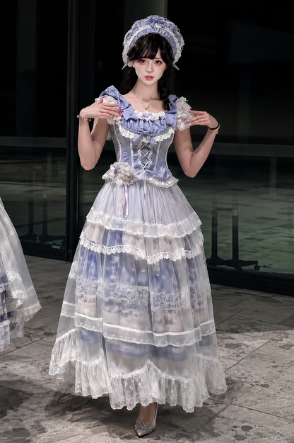 [Reservierungsschluss 3. August] Snow on the Seine River elegantes Lolita-Set mit Schleifen-Rüschen-Korsett-Bustier+langem Rock mit Kunstdruck+langem Tüll-Überrock